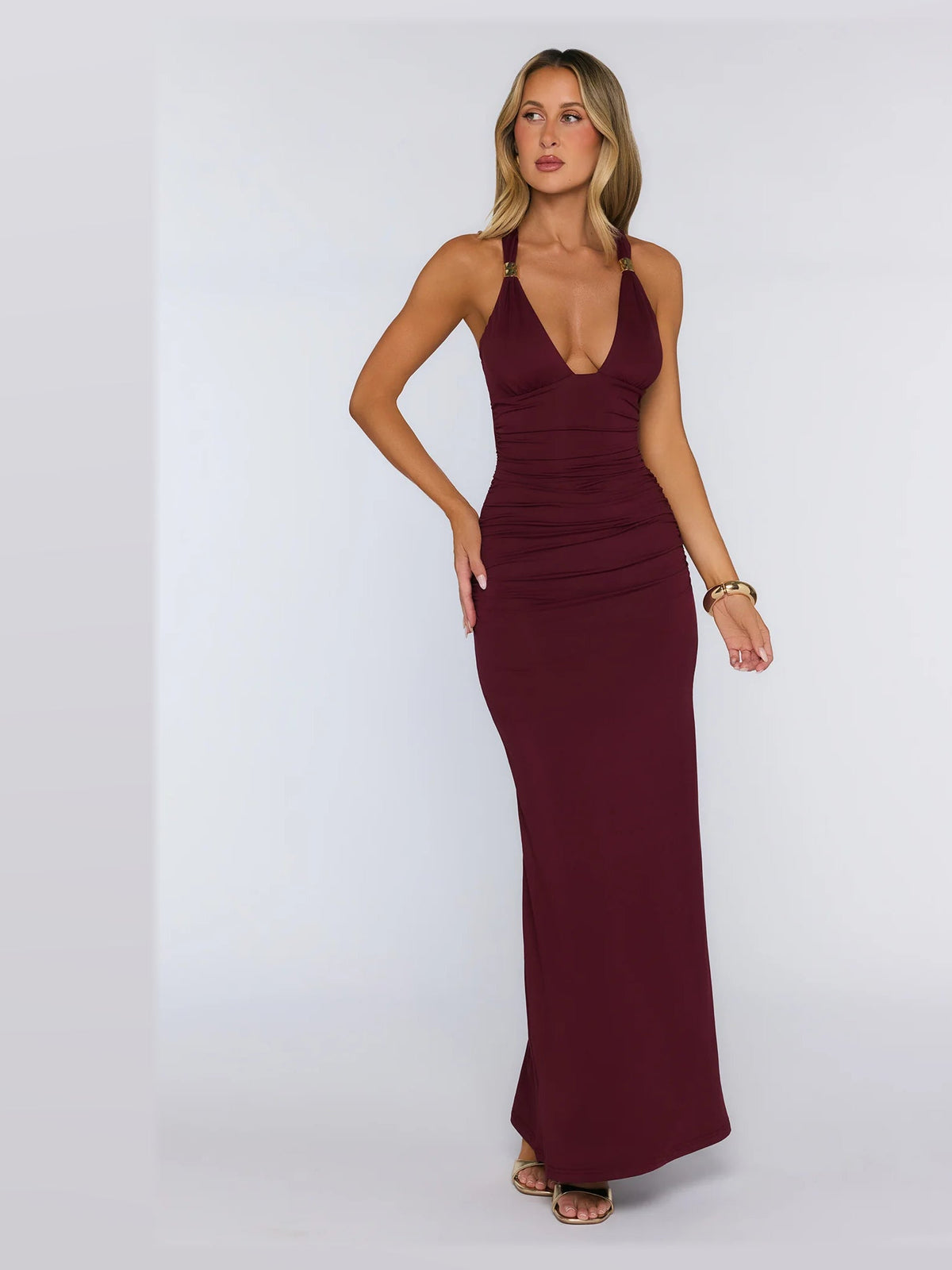 Burgundy formal dress with a-line detailing