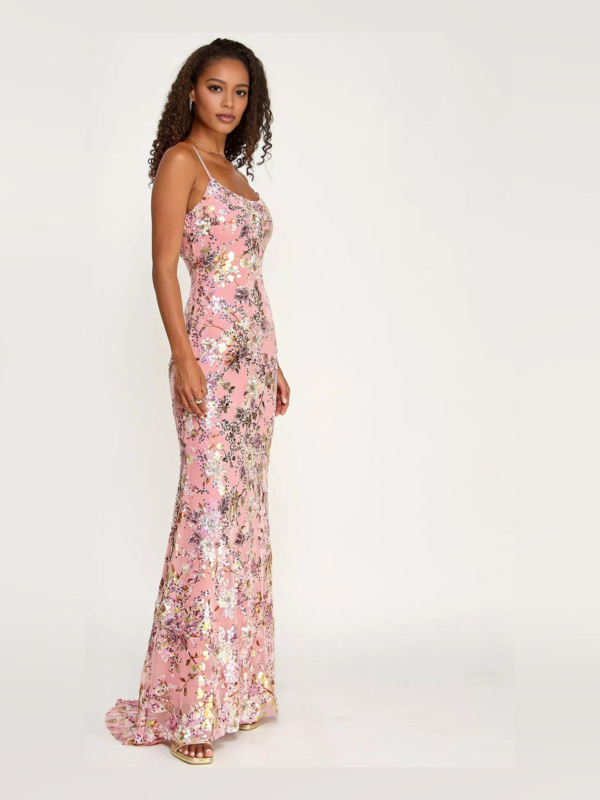 Pink floral sequin mermaid formal dress with fitted silhouette and spaghetti straps