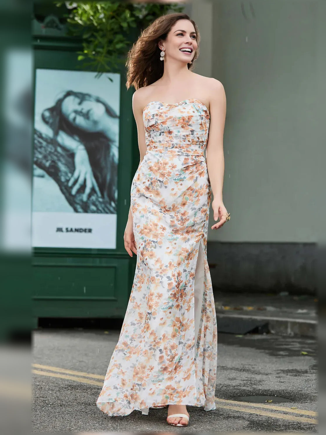 Strapless floral formal dress with ruched bodice and side slit, floor-length