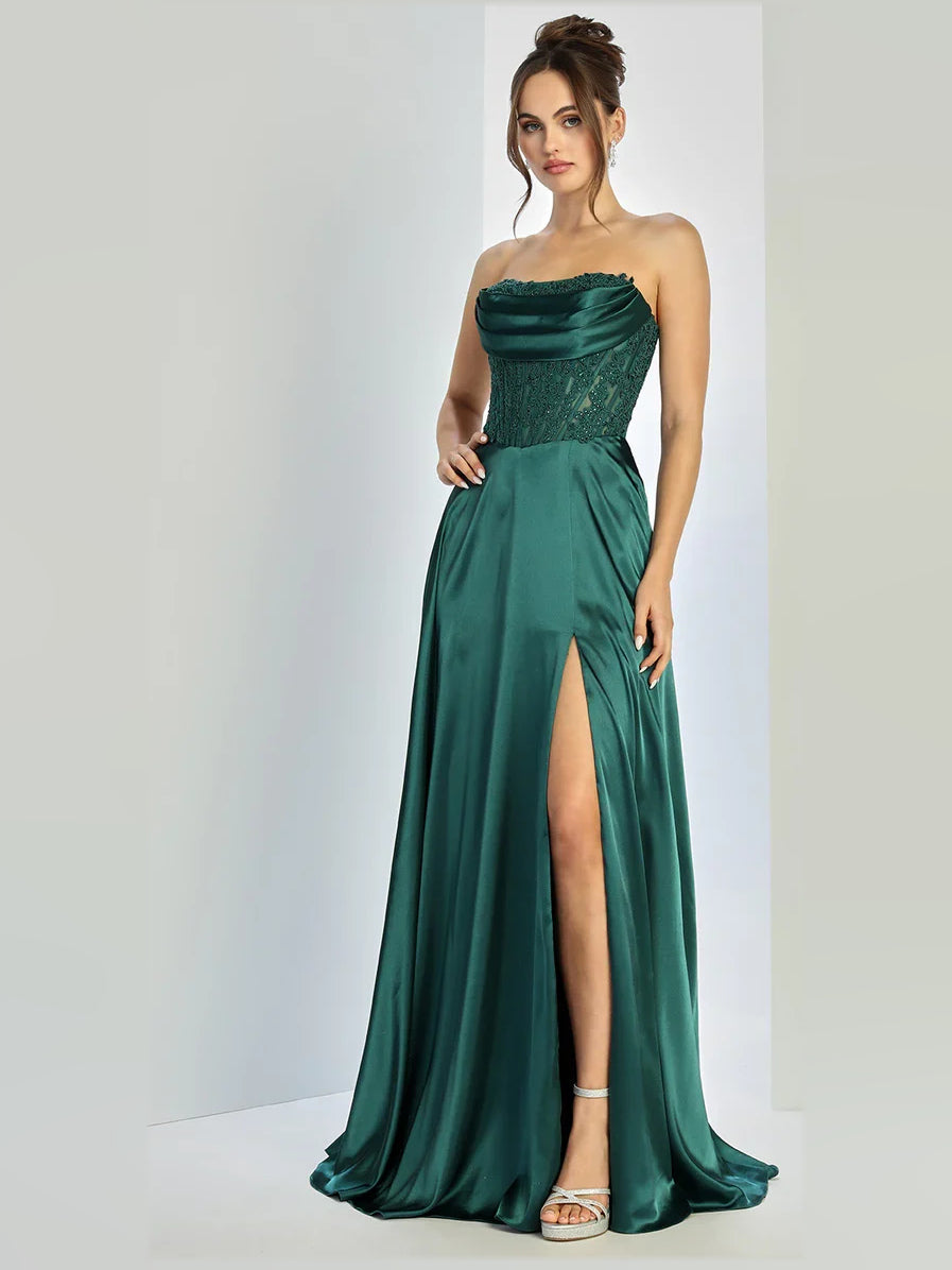 Emerald green strapless satin corset prom dress with draped bodice and front leg slit