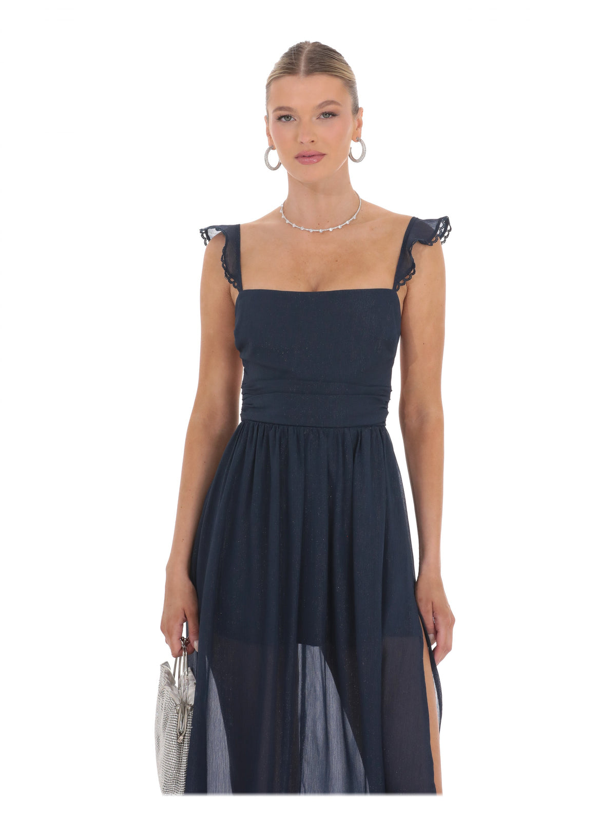 Navy bridesmaid dress with a-line detailing