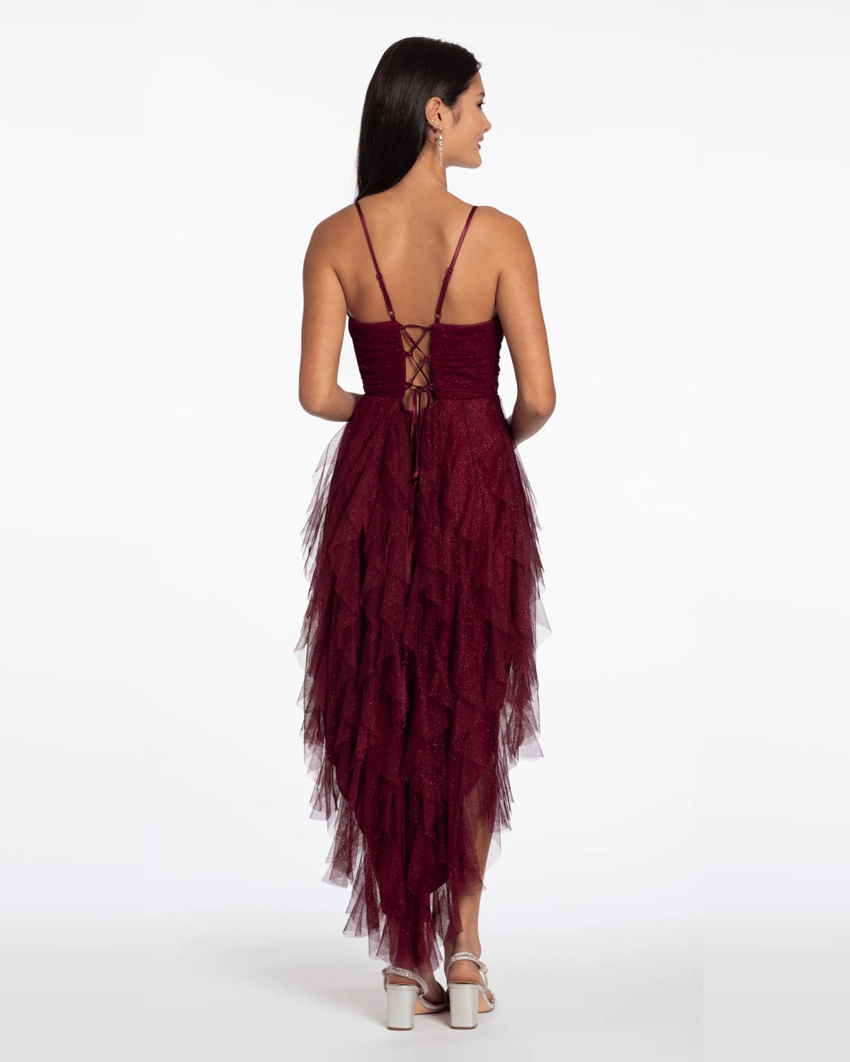 Wine spaghetti-strap A-line high-low dress, crisscross back and tiered tulle skirt
