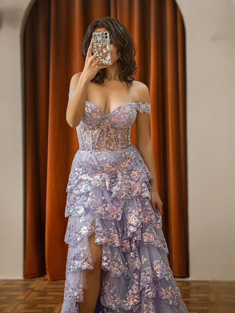 Lilac floral off-shoulder corset prom dress with tiered ruffles and side slit, back view