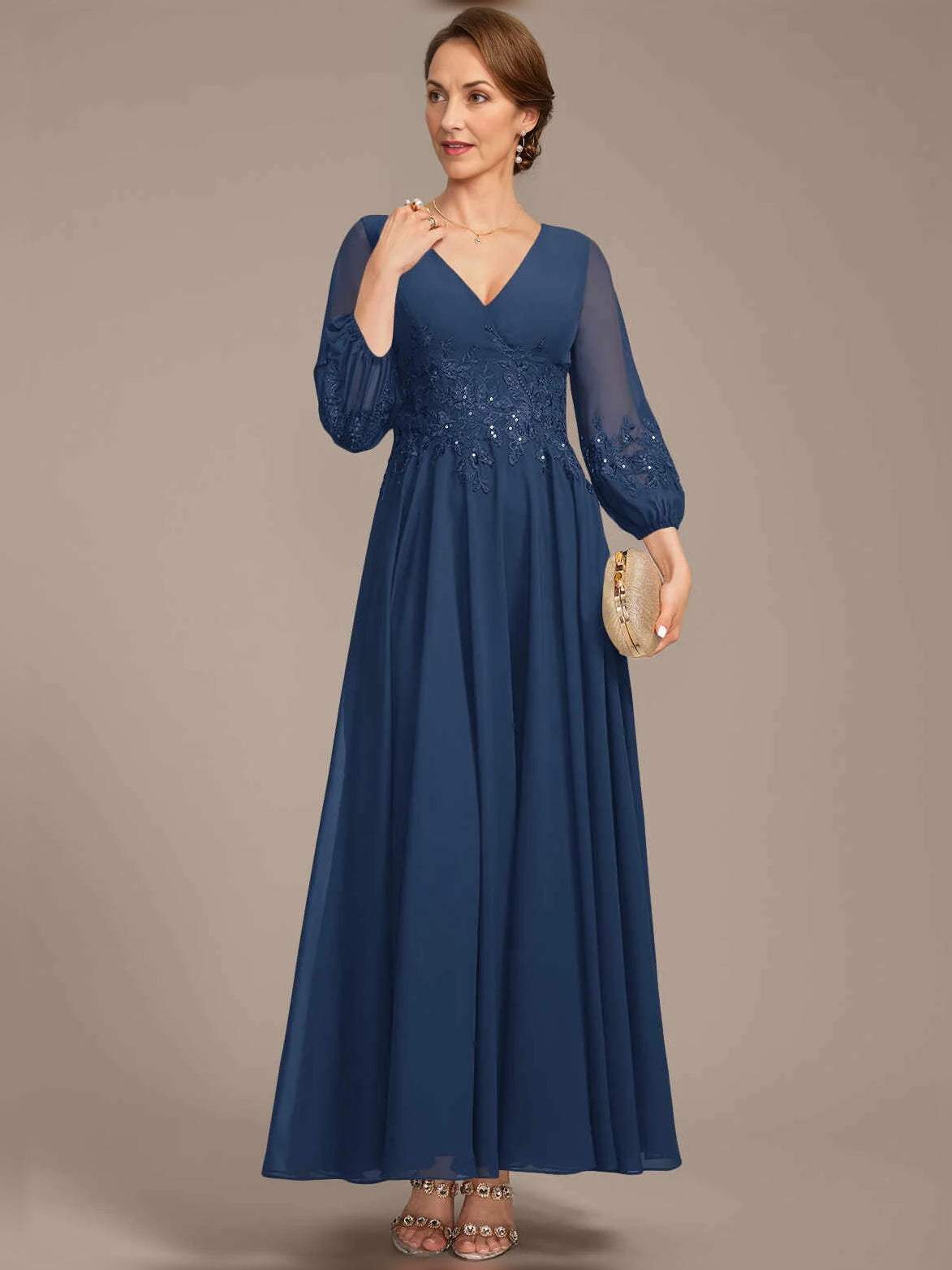 Dark navy V-neck A-line chiffon dress with 3/4 sheer sleeves and gathered skirt