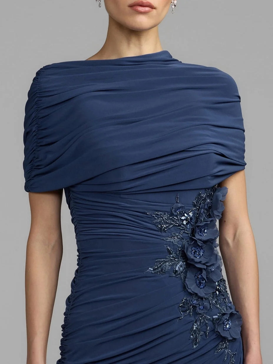 Dark blue ruched draped jersey dress with V-neck and layered floral fabric details