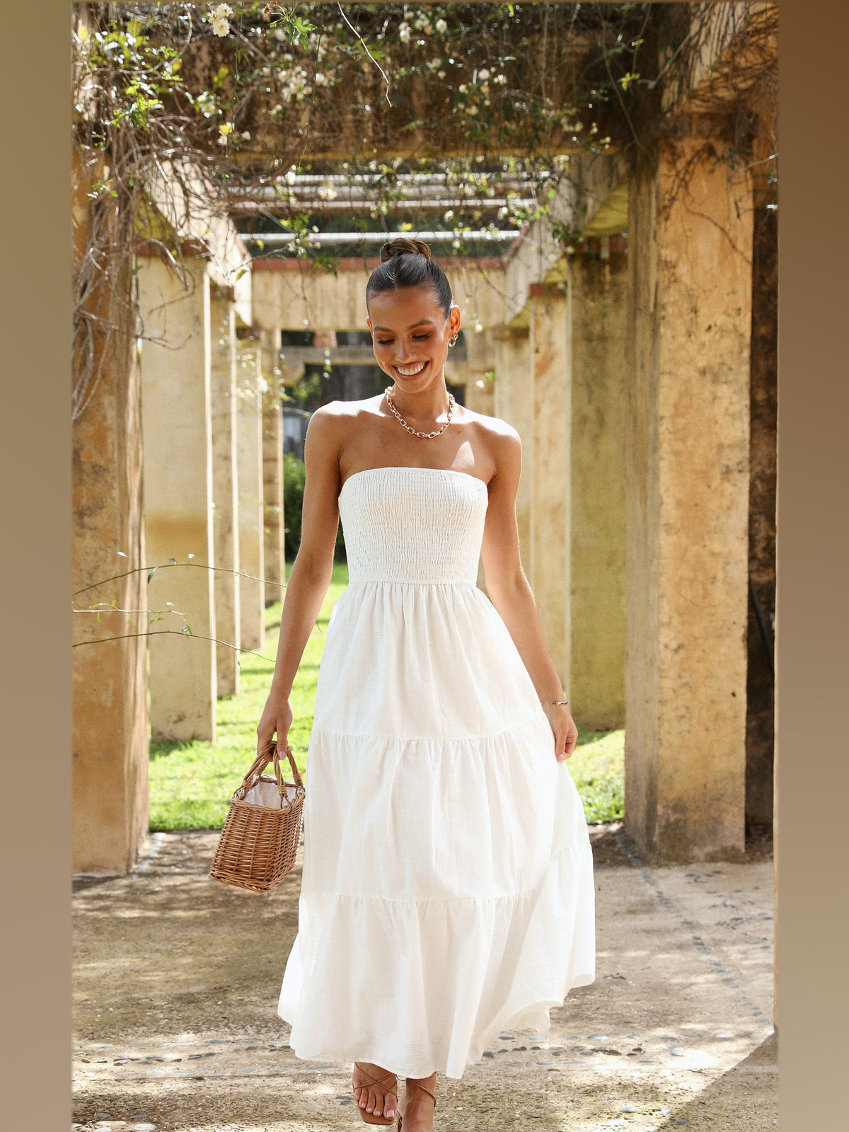 White midi formal dress, alternate full-length view showing the skirt