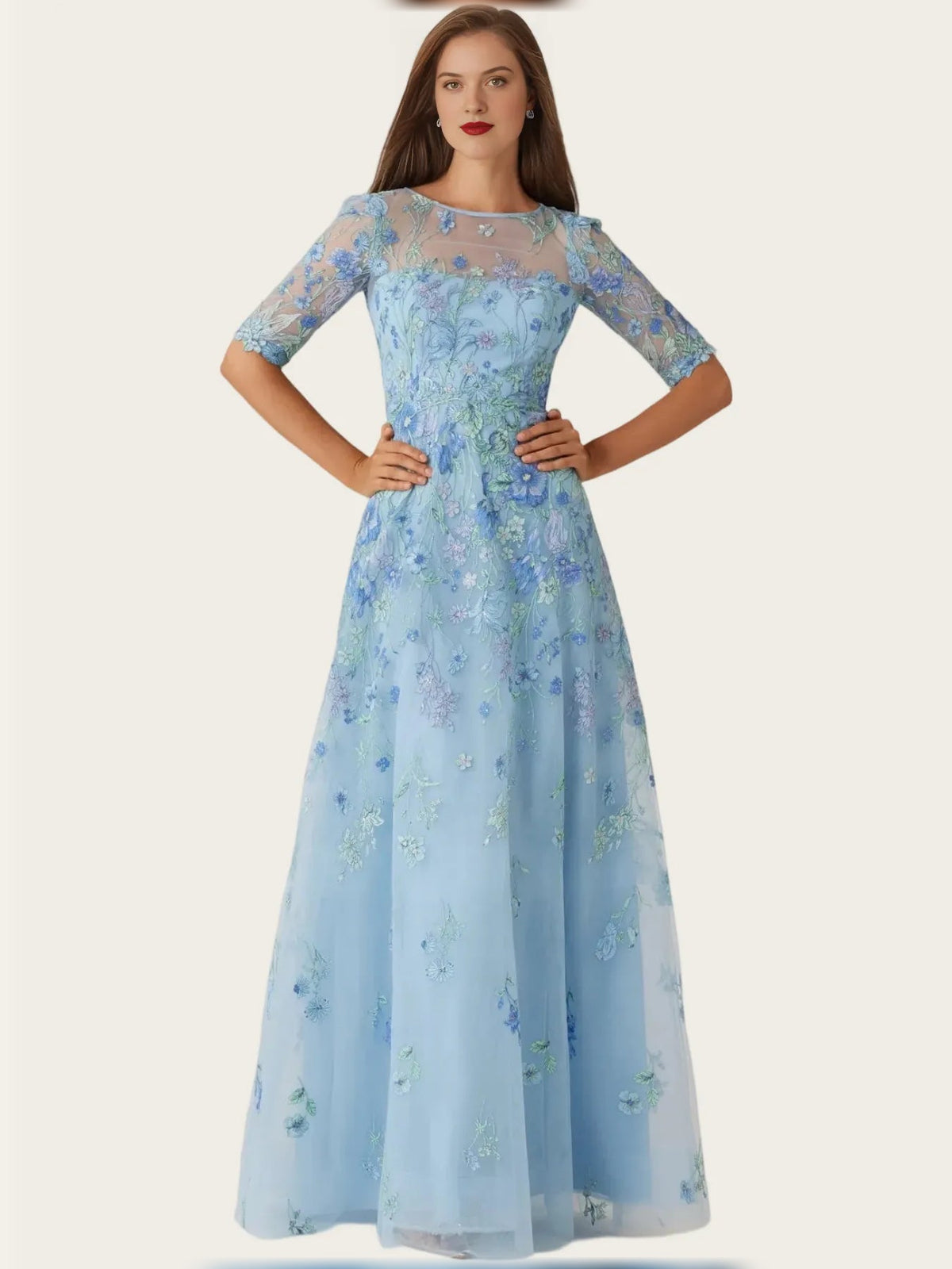 Light blue embroidered tulle maxi dress with round neck, fitted bodice, A-line skirt