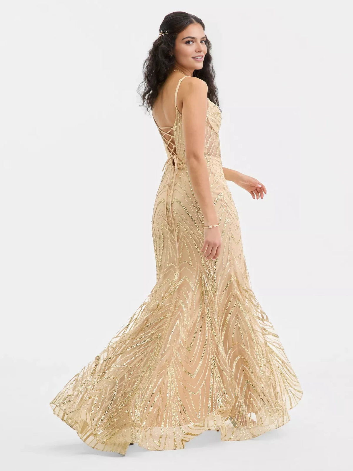 Gold sequin mermaid prom dress with corset bodice and sweetheart neckline, side view