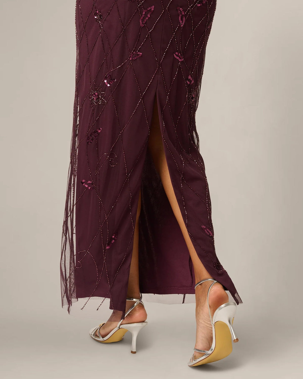 Night plum sequin maxi dress with side slit and short sheer sleeves