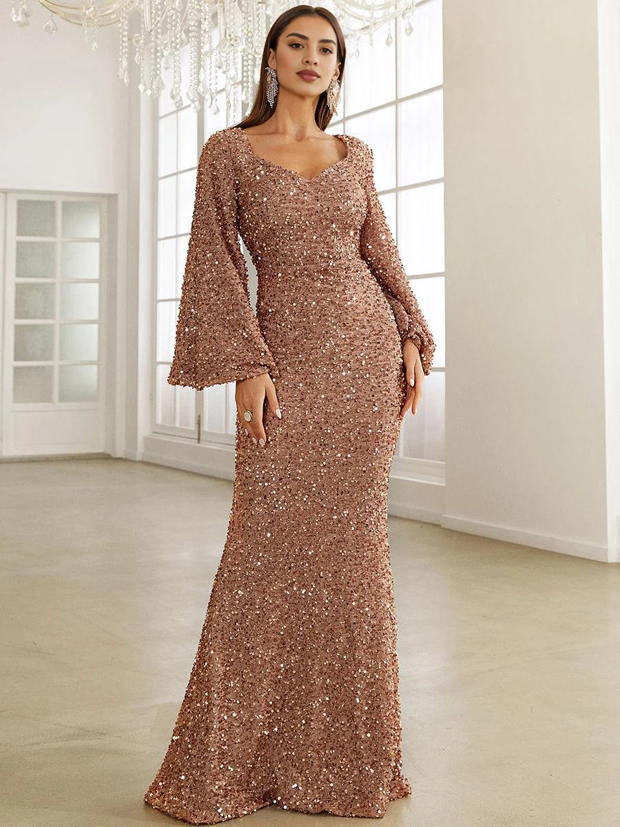 Rose-gold sequin mermaid formal dress with square neckline and long flared sleeves