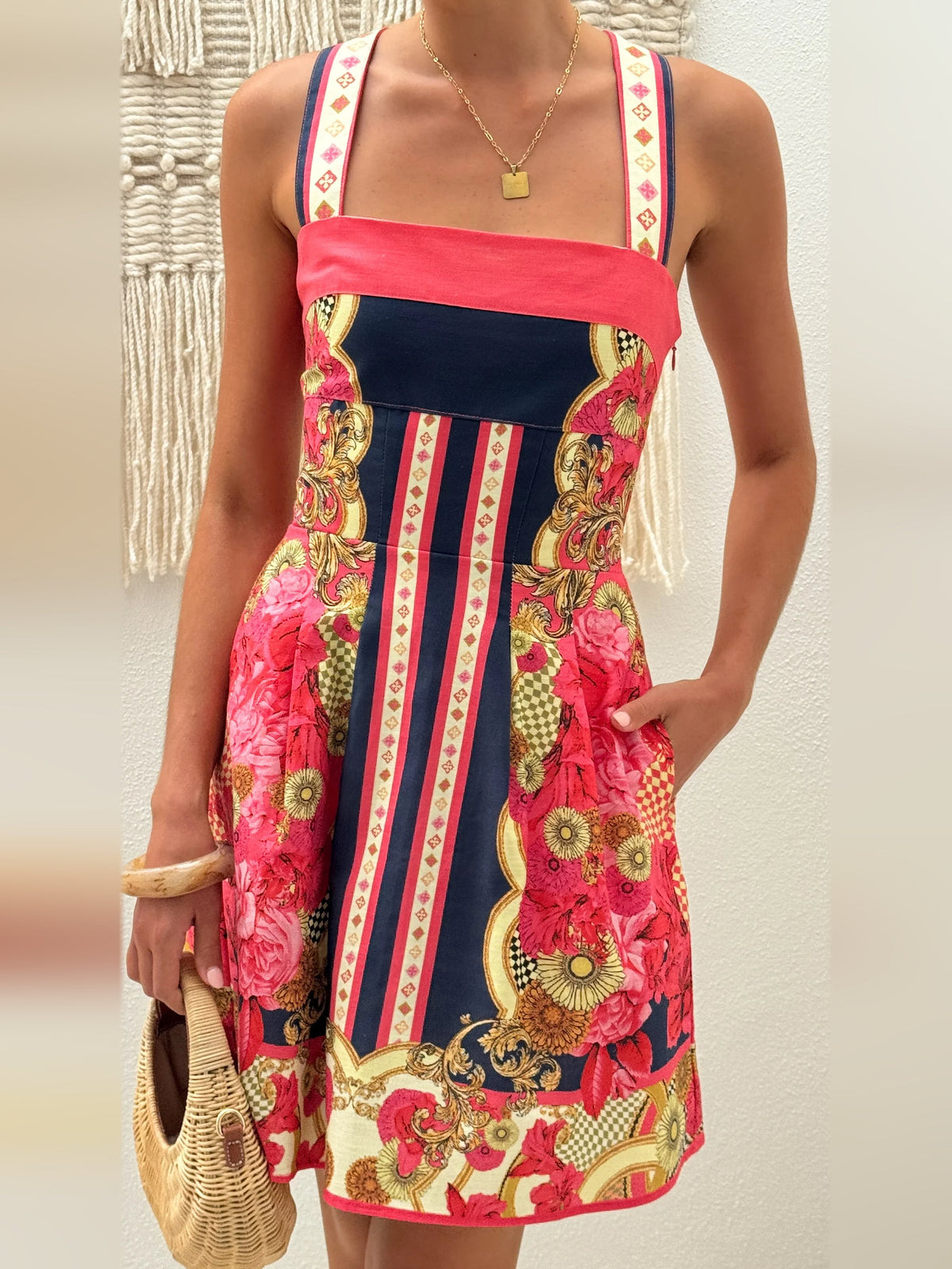 Pink and navy printed mini homecoming dress bodice with wide shoulder straps