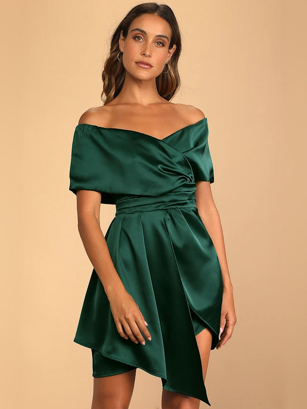 Green satin off-shoulder mini dress with gathered waist and layered wrap skirt