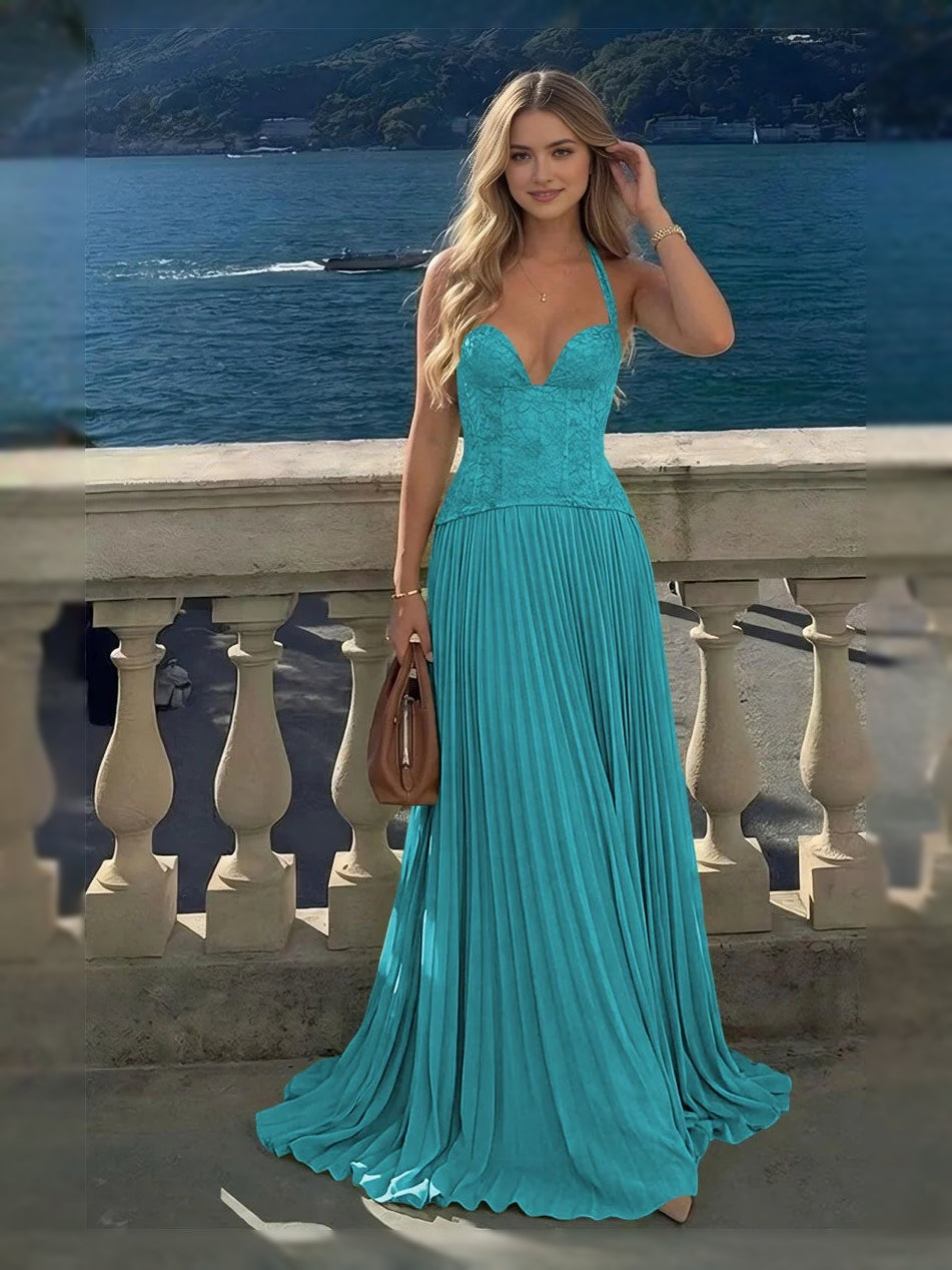 Teal pleated sweetheart A-line maxi chiffon dress with corset bodice