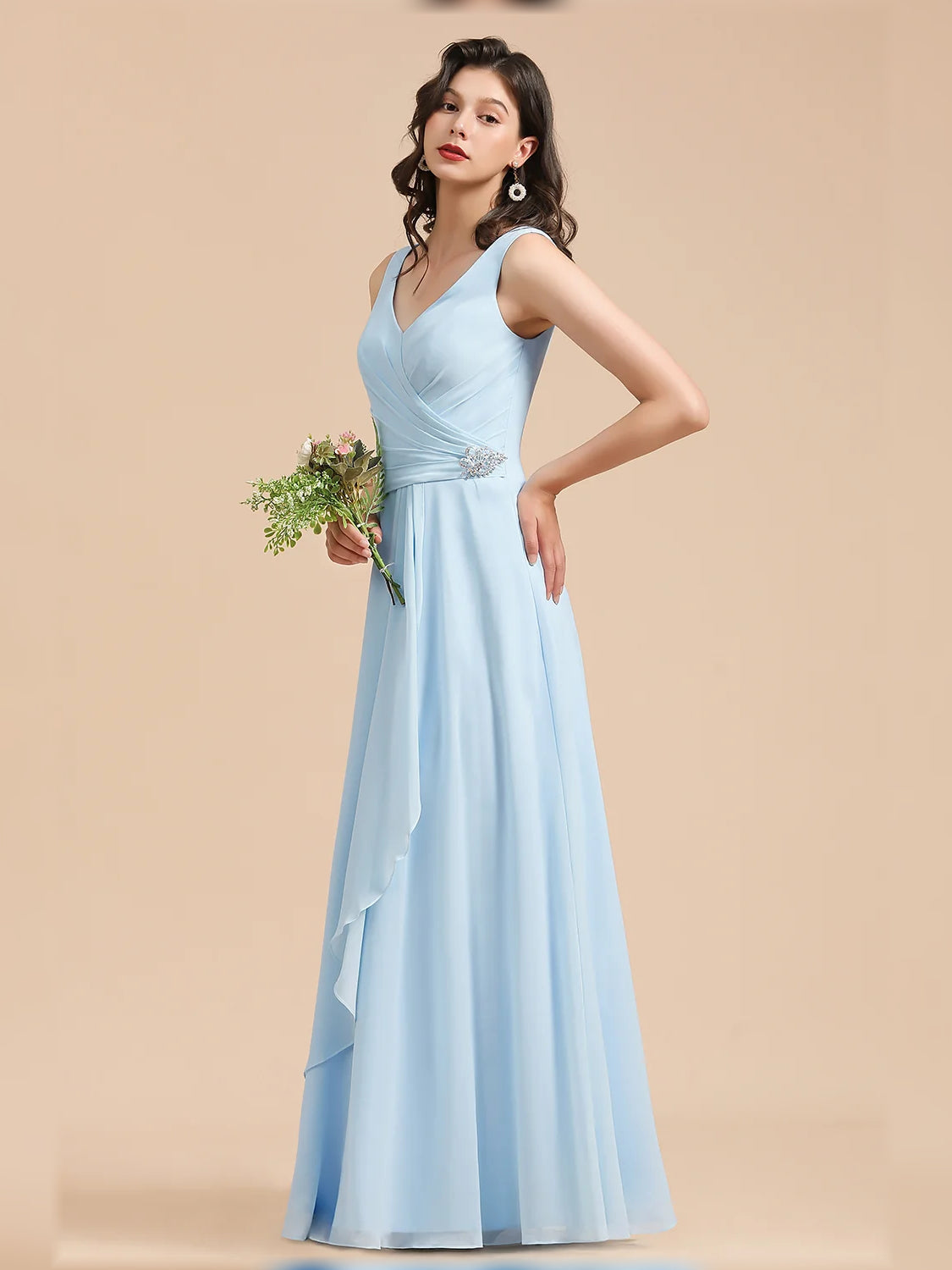 Sky blue V-neck A-line chiffon bridesmaid dress with sash-like waist and floor length
