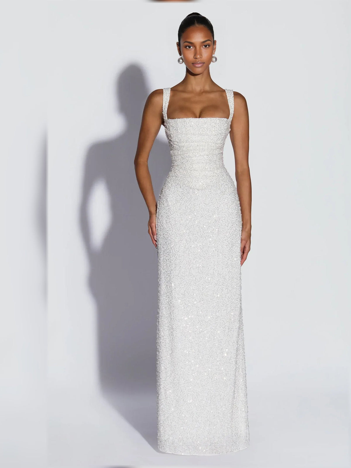 Ivory square-neck corset formal dress, sleeveless sequined floor-length fit