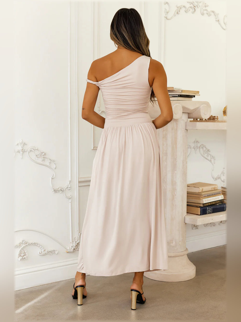 Sand off-shoulder midi formal dress, open back view with gathered skirt