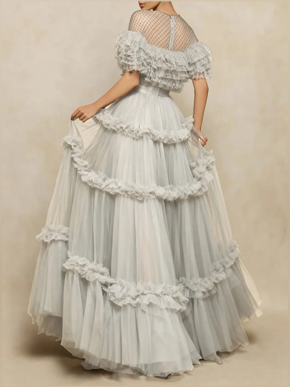 White tulle A-line prom dress with off-shoulder ruffled bodice and tiered skirt