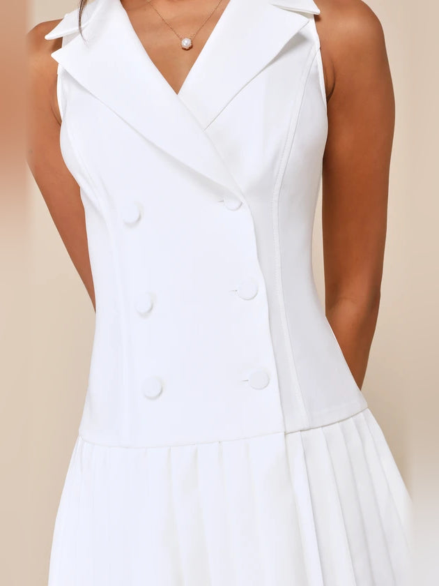White sleeveless V-neck mini dress bodice with buttons and pleated skirt detail