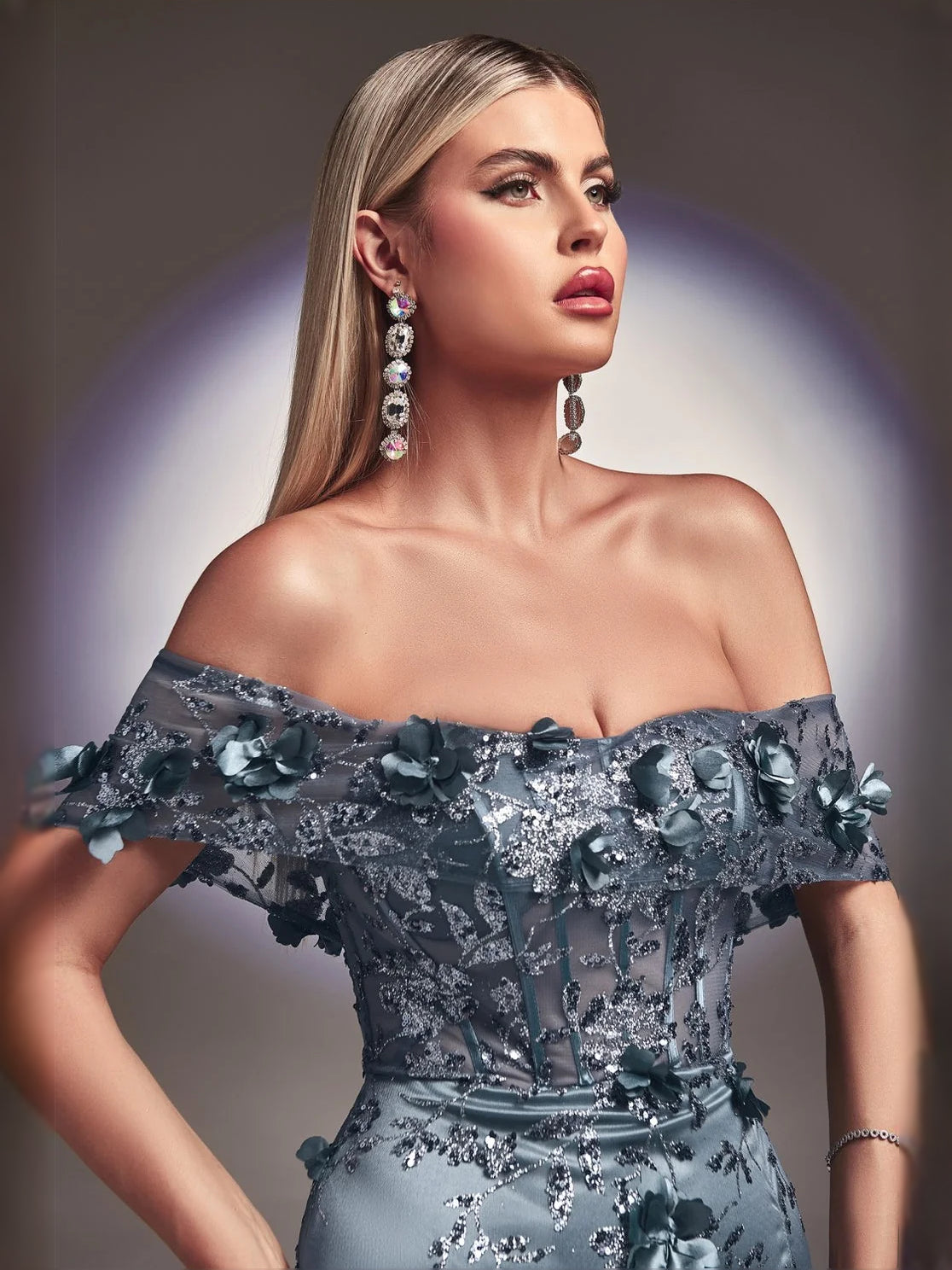 Slate blue off-shoulder mermaid prom dress with 3D floral appliques and corset