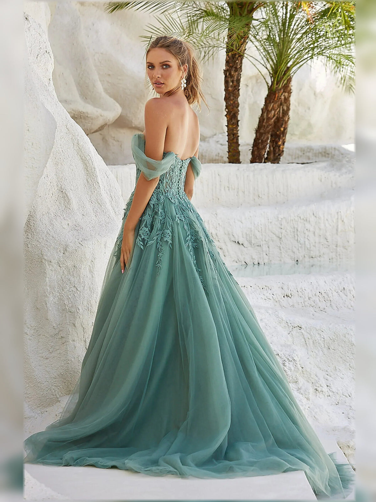 Jungle green off-the-shoulder maxi dress with short sleeves, embroidered bodice, layered tulle