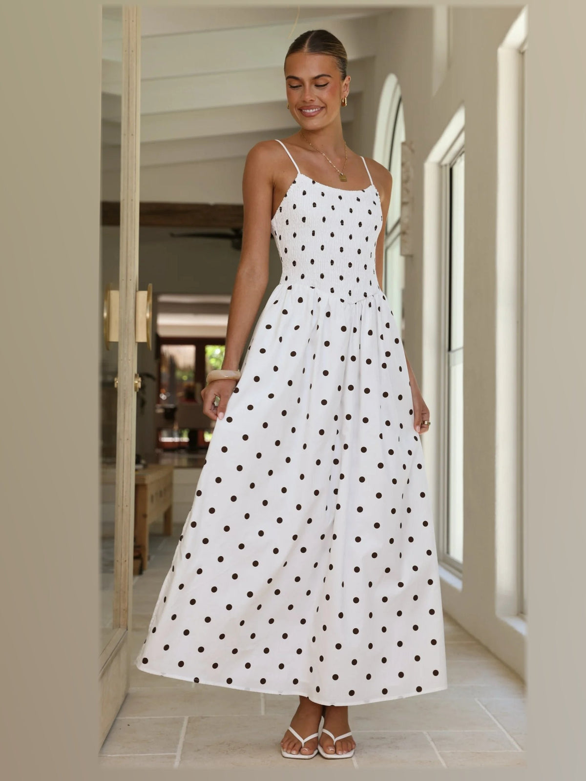 White maxi formal dress, alternate full-length view showing the skirt