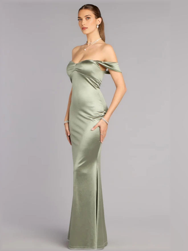 Sage green satin off-shoulder long formal dress with side slit and short sleeves