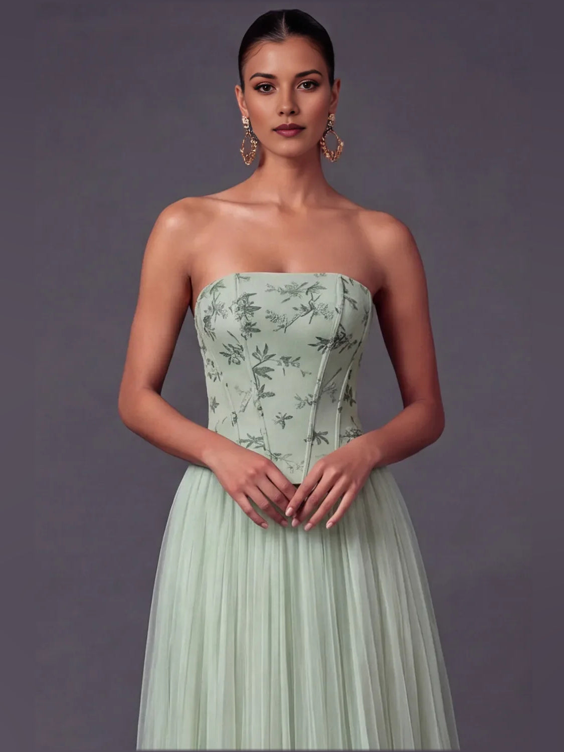 Dusty sage strapless corset bodice with floral print and pleated tulle skirt