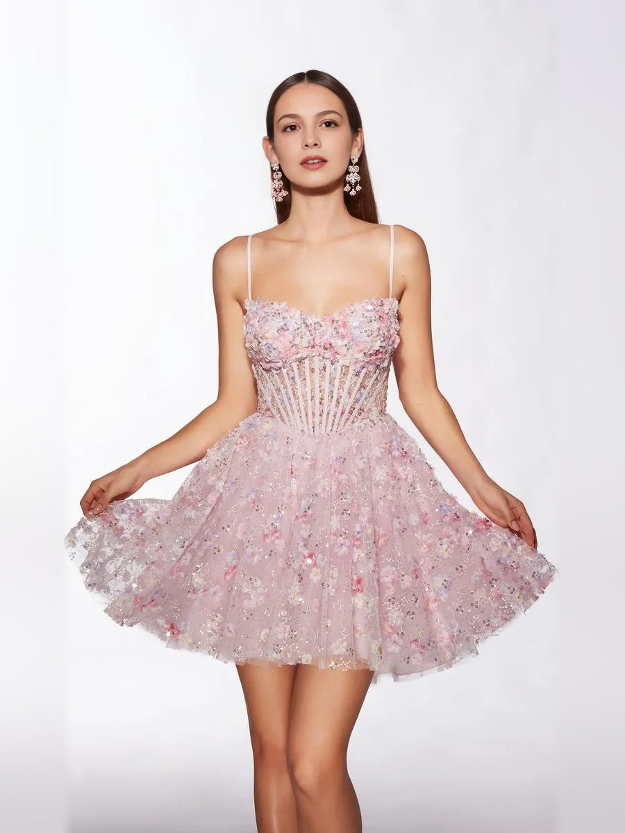 Pink mini tulle A-line dress with corset look, sweetheart neckline, floral appliques