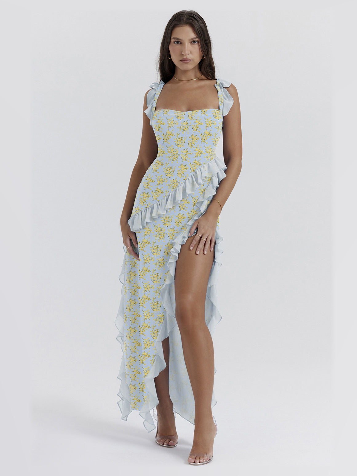 Blue maxi formal dress, alternate full-length view showing the skirt