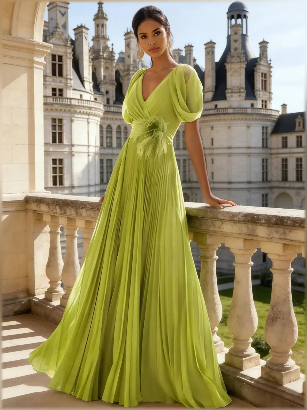 Olive green V-neck pleated formal dress with puff sleeves and flowing floor-length skirt