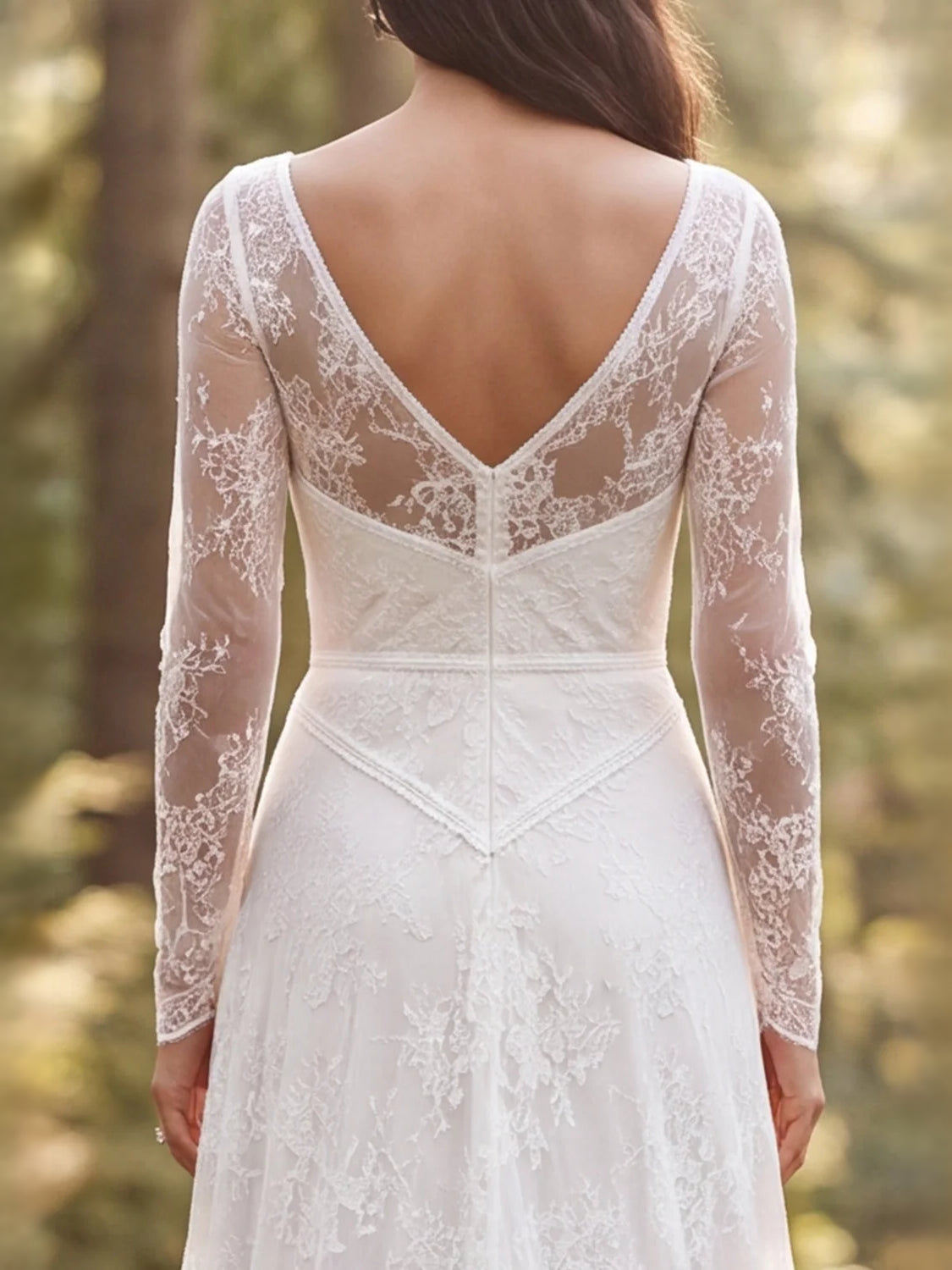 Ivory lace long-sleeve wedding dress with open back V and detailed floral bodice