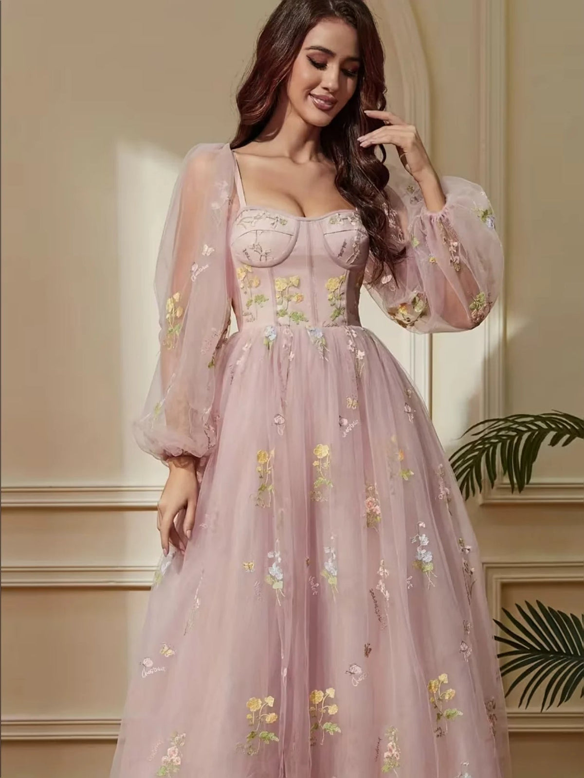 Sweetheart A-line midi prom dress in light pink with sheer sleeves and embroidered details