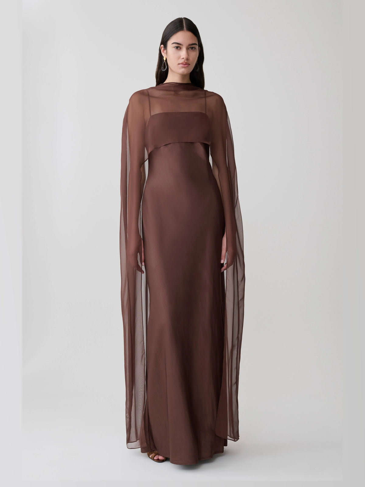 Mocha formal dress with a-line detailing