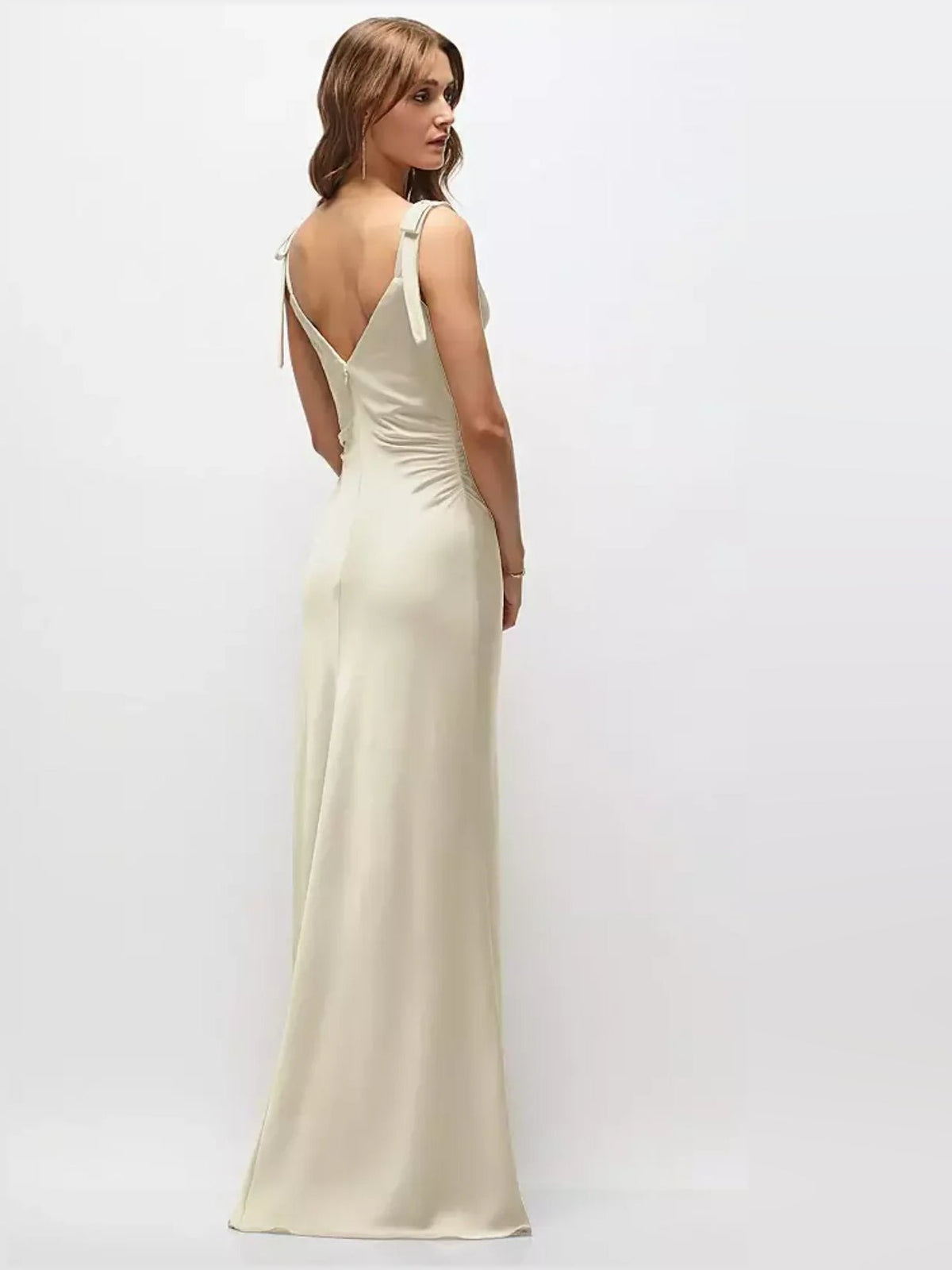 Ruched satin maxi dress with bow spaghetti straps, ivory, back view