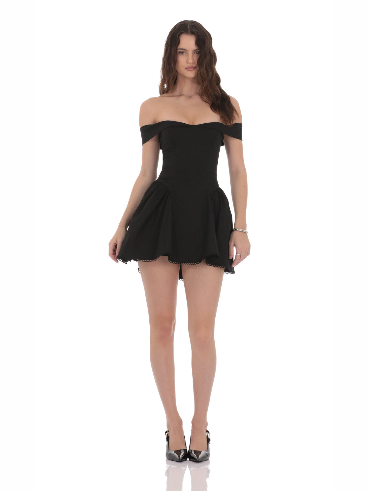 Black off-shoulder fit-and-flare mini dress with ruffled hem and fitted waist