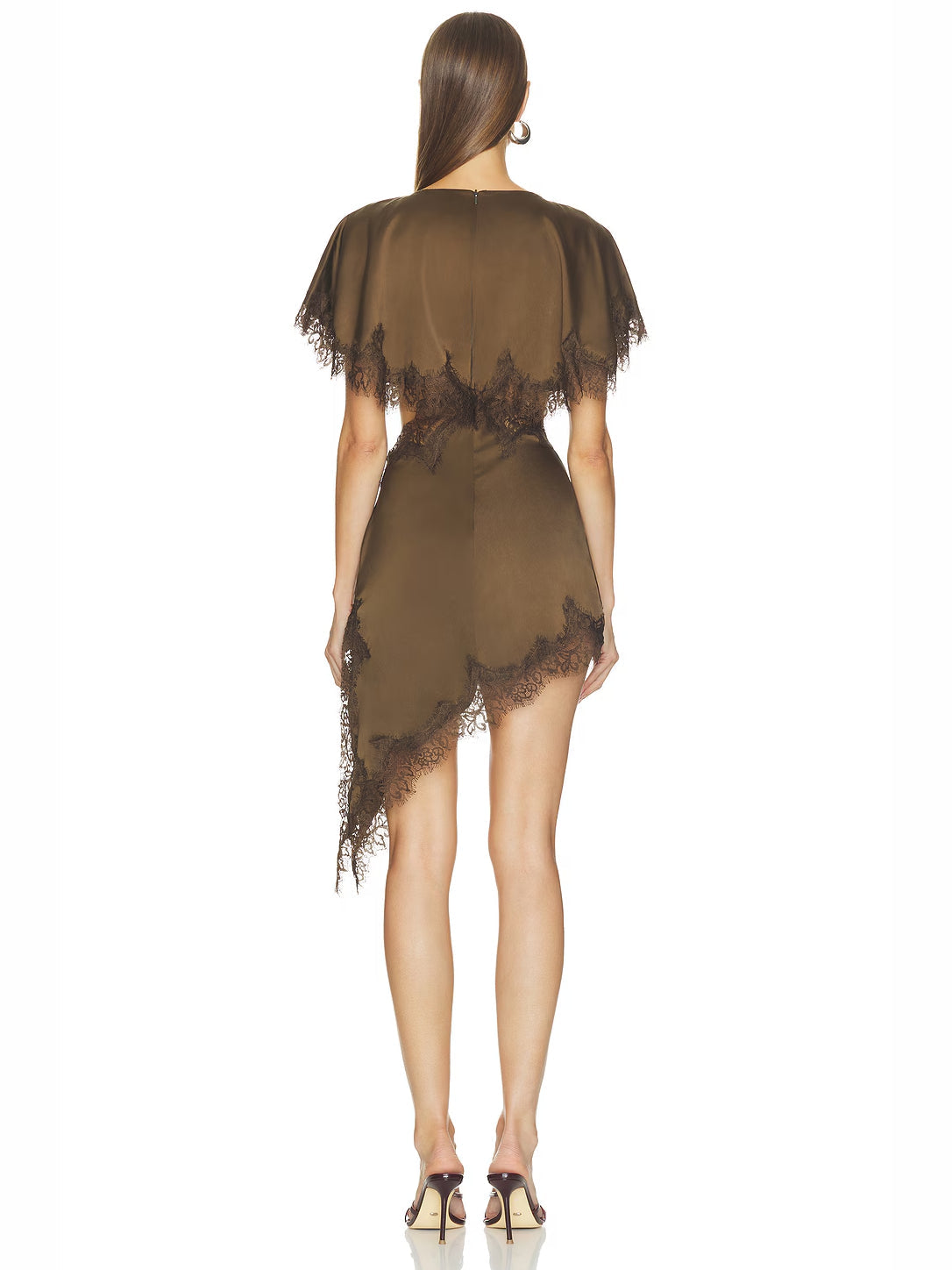 Brown mini dress with lace trim and fringe sleeves, back view