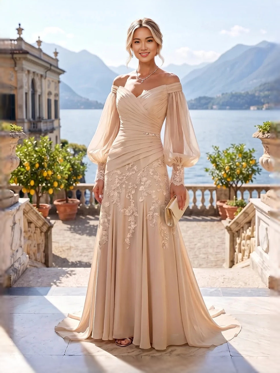 Ivory ruched V-neck mermaid dress with sheer off-shoulder sleeves and floral lace