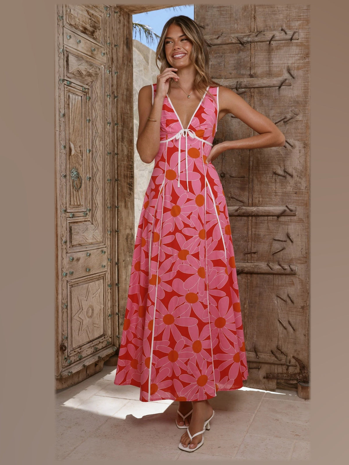Pink Red Floral maxi formal dress, alternate full-length view showing the skirt
