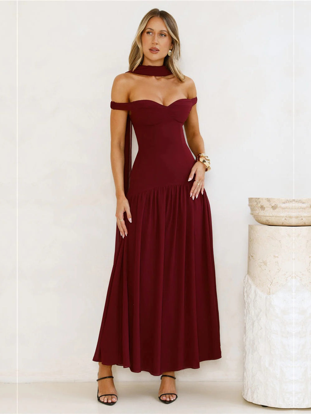 Burgundy a-line maxi formal dress with pleated skirt, alternate view showing the waist