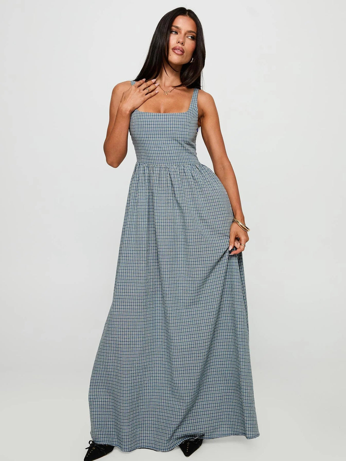 Navy a-line maxi formal dress with printed pattern, alternate full-length view showing the waist