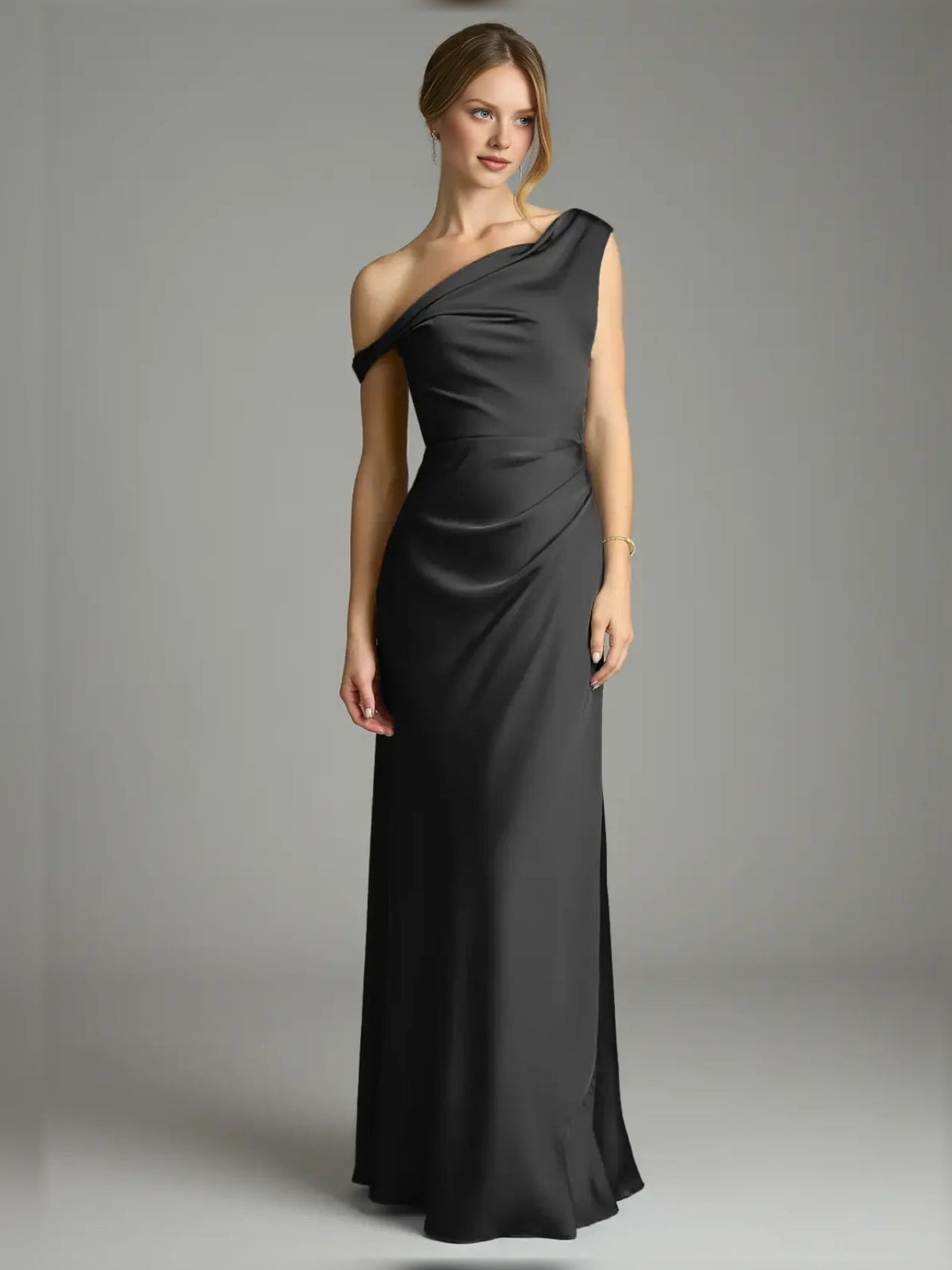 Black satin off-shoulder mermaid gown with pleated drape, floor length