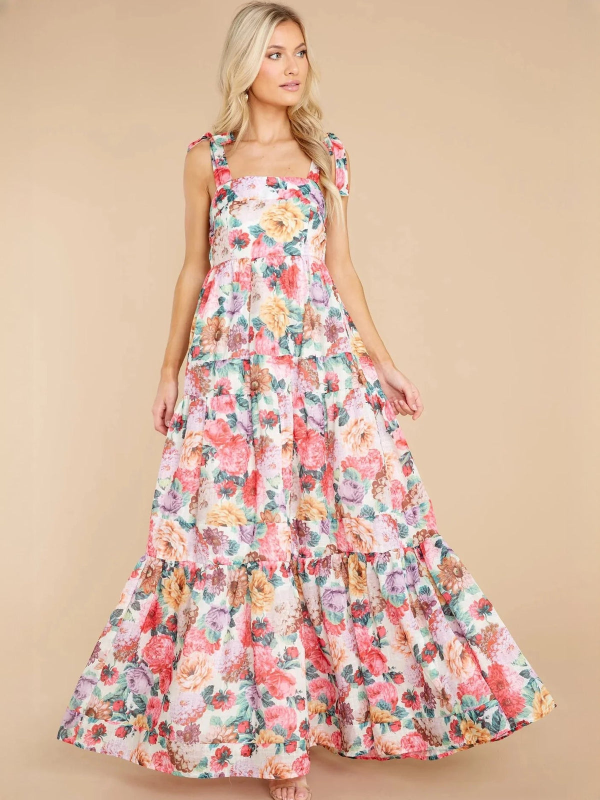 Ivory Multicolor Floral Print a-line maxi formal dress with tiered skirt, alternate full-length view showing the waist