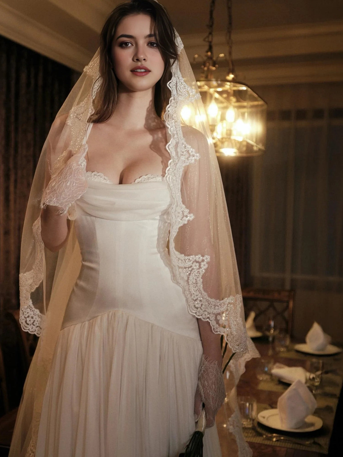Ivory A-line wedding dress with square neckline, lace-edged sheer veil, structured bodice
