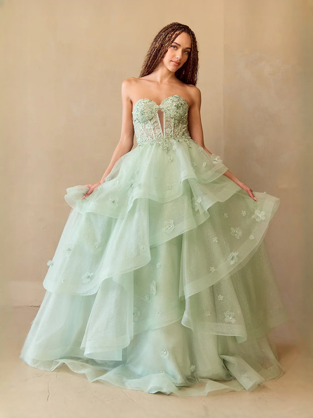 Sage green strapless sweetheart tiered ruffle tulle prom dress with embroidered bodice