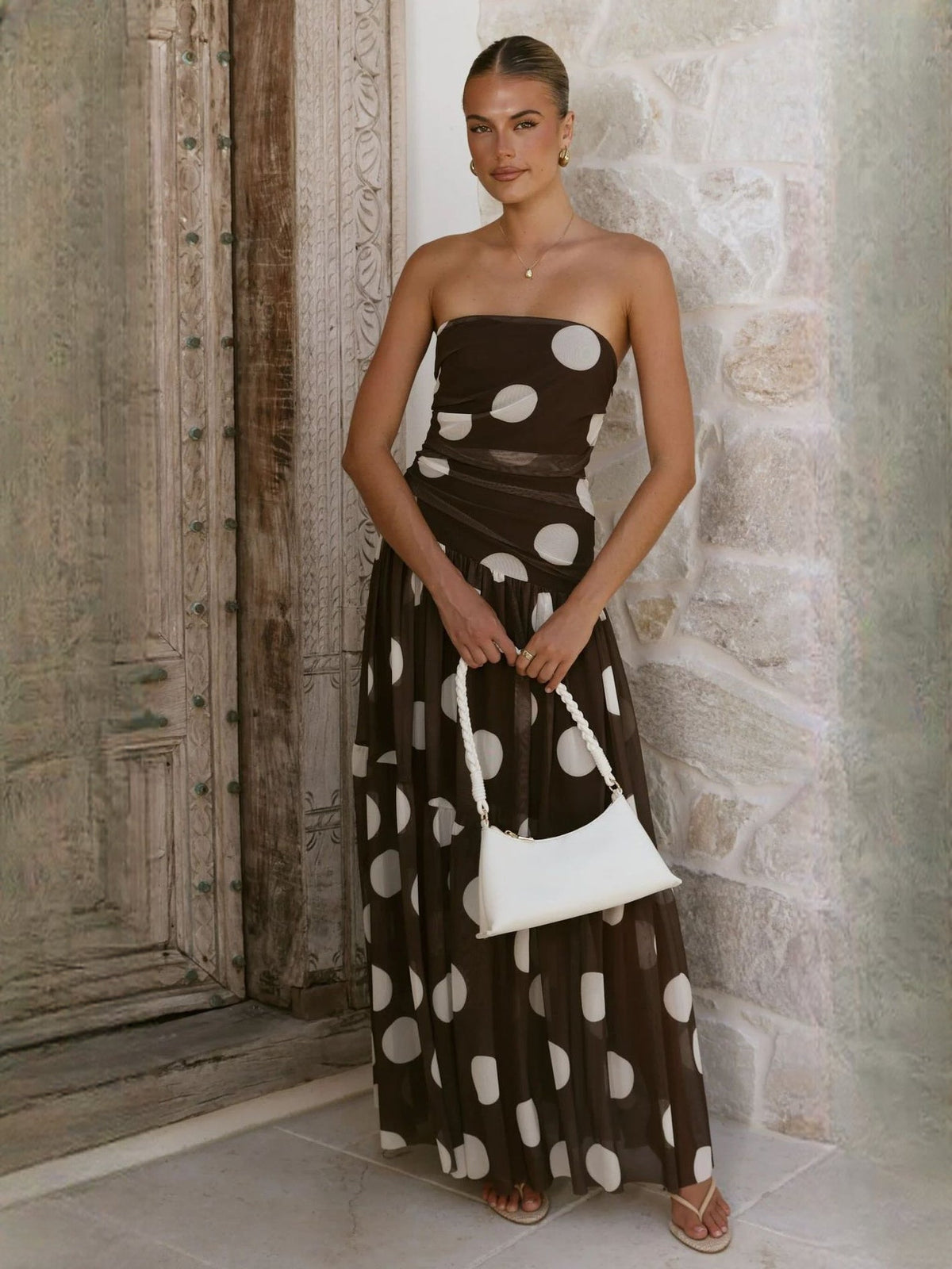 Chocolate White Polka Dot a-line maxi formal dress with ruching, alternate full-length view