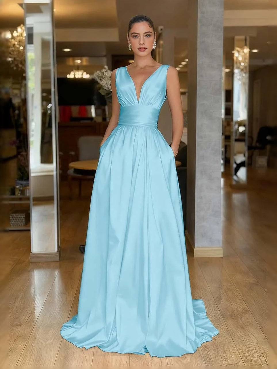 Light blue V-neck A-line prom dress with ruched pleats, sleeveless floor-length skirt