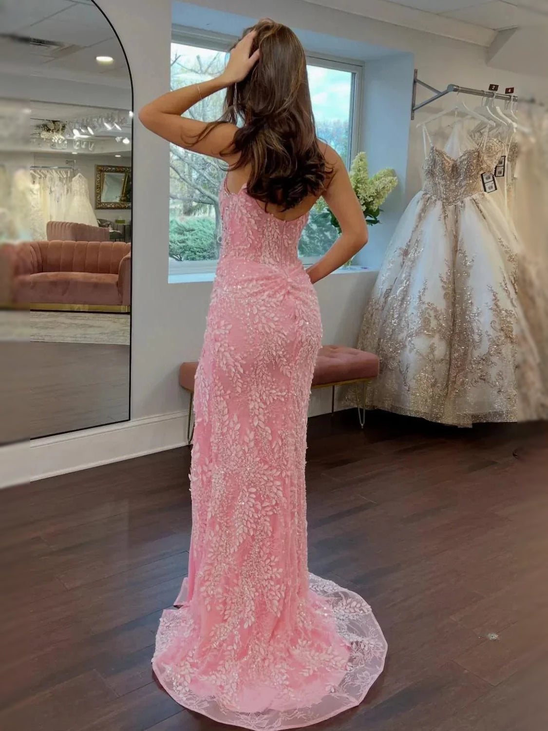 Blush pink ruched beaded mermaid maxi dress with lace-trim hem and front slit