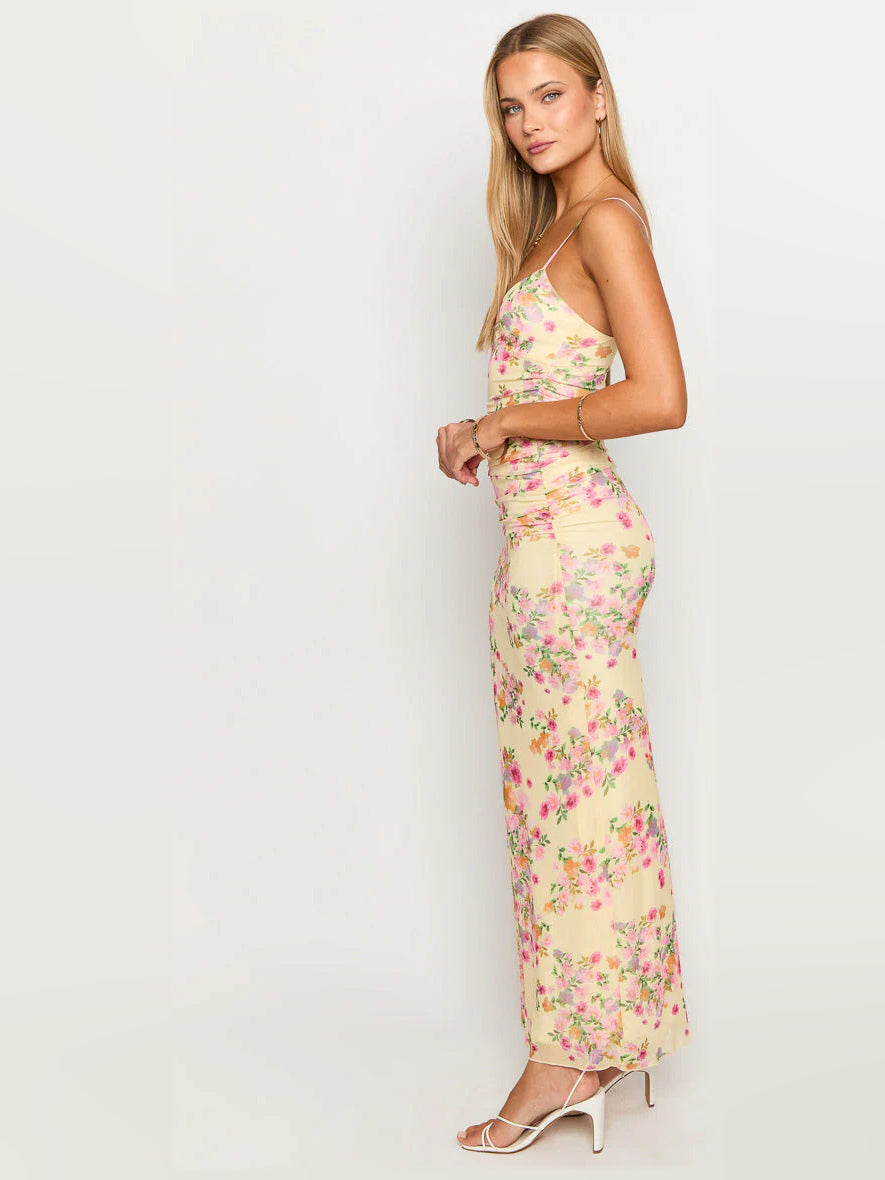 Yellow sheath maxi formal dress with floral print, alternate full-length view showing the waist