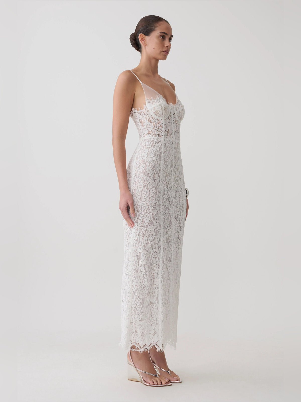 White lace midi formal dress side view with lace overlay and scalloped hem
