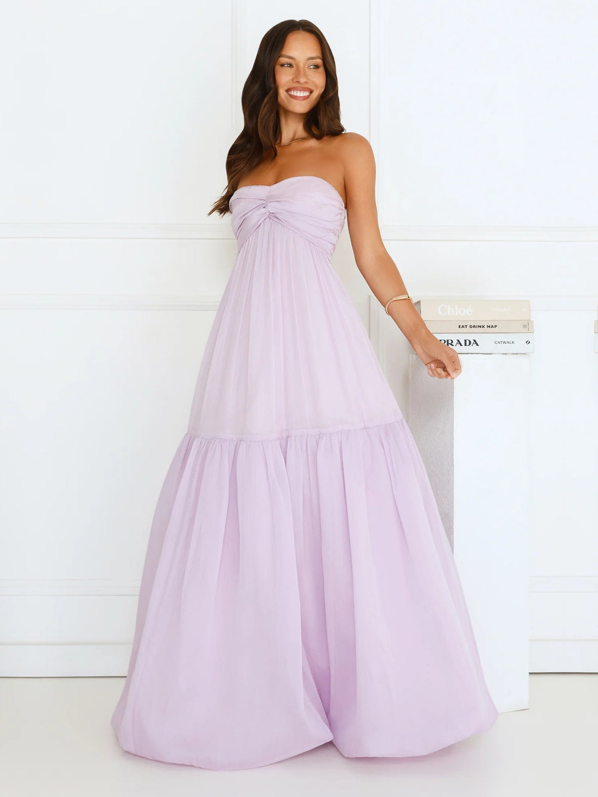 Lilac a-line maxi formal dress with tiered skirt, alternate view showing the waist